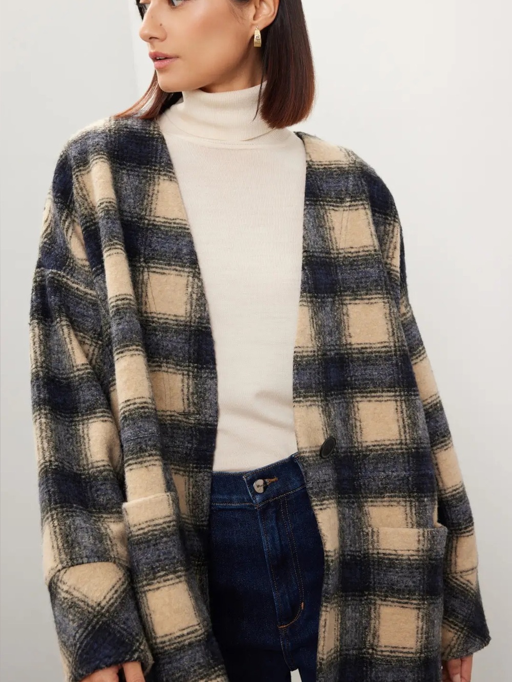 Madewell Plaid Open-Front Coatigan in Cream and Black